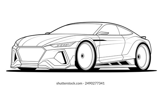 High-quality line art of a sleek, modern sports car with aerodynamic design and sharp angles. Perfect for automotive enthusiasts, design projects, coloring books, and educational materials