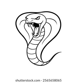 High-quality line art of a striking cobra snake with an open hood and fierce expression, ideal for tattoos, logos, vector designs, and creative projects.