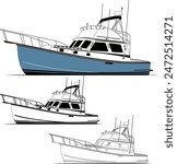High-quality line drawing vector fishing boat. Black, white, and color illustration.	