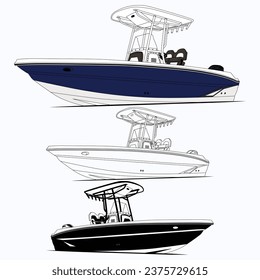  High-quality line drawing vector fishing boat. Black, white, and color illustration.