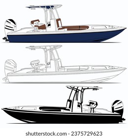  High-quality line drawing vector fishing boat. Black, white, and color illustration.