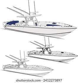 Barco de pesca vectorial de tracción de líneas de alta calidad. Ilustración en blanco, negro y color.