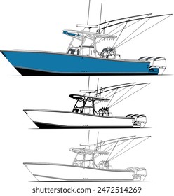High-quality line drawing vector fishing boat. Black, white, and color illustration.	