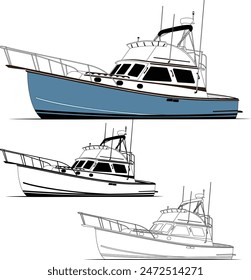 High-quality line drawing vector fishing boat. Black, white, and color illustration.	