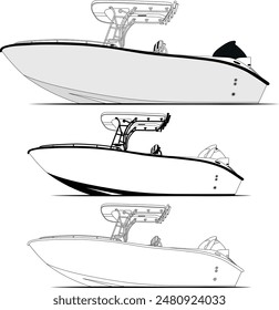 High-quality line drawing vector fishing boat. Black, white, and color illustration.	