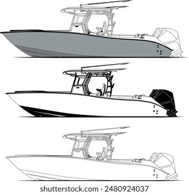 High-quality line drawing vector fishing boat. Black, white, and color illustration.	