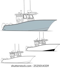 High-quality line drawing vector fishing boat. Black, white, and color illustration.	