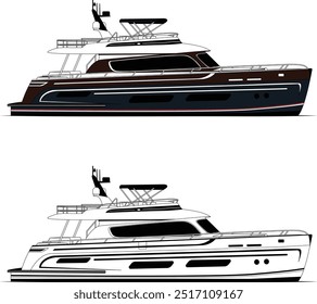 High-quality line drawing vector Motor yacht Black, white, and color illustration.