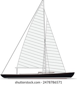 High-quality line drawing vector sailboat. Black, white, and color illustration.