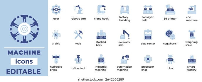 High-quality machine vector icons for industrial, mechanical, and tech visuals. Editable, clean, and scalable designs.