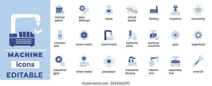 High-quality machine vector icons for industrial, mechanical, and tech visuals. Editable, clean, and scalable designs.