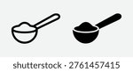 High-quality measuring scoop icon set featuring both line and solid styles. Perfect for representing kitchen utensils, food measurement, protein powder scoop, supplement dosage, and cooking tools. Clean, minimal vector design ideal for UI, apps, websites, packaging, and infographics. Fully scalable and easy to customize for modern design projects.