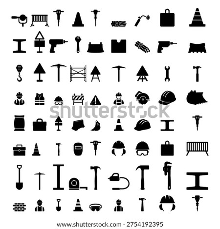 High-quality mega collection of black flat icons representing the entire construction life cycle from heavy equipment to personal protective gear.