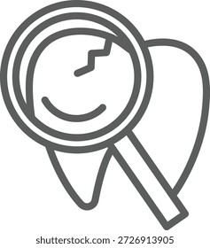 A high-quality minimalist line icon featuring a magnifying glass focused on a tooth with a visible crack. This graphic symbolizes dental examinations, the detection of cavities or fractures, and professional oral health checkups. Ideal for dental clinic websites, healthcare mobile apps, and patient education infographics.