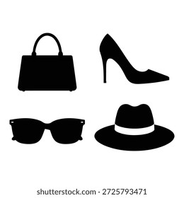 A high-quality minimalist silhouette collection featuring essential women's fashion accessories: a stylish handbag, a classic high-heel pump, trendy sunglasses, and a sophisticated fedora hat.