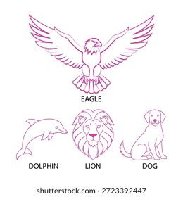 Una colección de Vector minimalista de alta calidad con ilustraciones de líneas limpias de un águila, león, delfín y perro. Este versátil conjunto está diseñado en un moderno estilo de contorno rosa, perfecto para logotipos, iconos, estampados de camisetas, materiales educativos y proyectos creativos de marca. Los diseños simples pero expresivos lo hacen adecuado tanto para medios digitales como impresos.