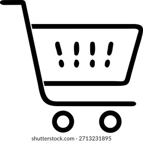 Un ícono de Vector minimalista de alta calidad que representa un Carrito de compras en un estilo de contorno negro simple. El diseño cuenta con una manija en el lado izquierdo, el área de la canasta principal y dos ruedas debajo. El ícono es adecuado para su uso en interfaces de usuario (UI), Sitios web, aplicaciones móviles y proyectos digitales relacionados con compras en línea, ventas minoristas, compras y comercio. Las líneas limpias y la forma clara lo hacen versátil para varios propósitos de diseño.