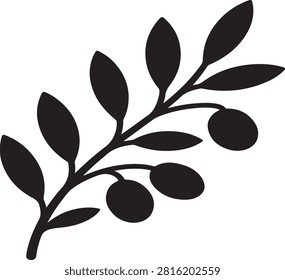 High-quality minimalist vector icon featuring a single olive branch with leaves and olives in a bold black line style. Designed with clean geometric shapes, uniform stroke weight, and a solid black silhouette on a pure white background. Ideal for UIUX design, branding, logos, apps, web interfaces, print, peace symbols, nature, and botanical projects.