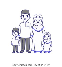 Una Ilustración vectorial minimalista de alta calidad con una familia musulmana feliz de cuatro, padre, madre y dos hijos, sonriendo juntos en trajes tradicionales azules y blancos limpios. Esta obra de arte cuenta con un elegante diseño de líneas azules que le da un aspecto moderno y fresco. La madre y la hija llevan modestos hiyabs, mientras que el padre y el hijo llevan gorras tradicionales "baju koko" y "peci". Este conmovedor conjunto de personajes es perfecto para tarjetas de felicitación de Eid Al-Fitr (Lebaran), Anuncios promocionales de Ramadán Kareem, materiales educativos islámicos o publicaciones en redes sociales. La ilustración está diseñada con una estética limpia sobre un fondo blanco, lo que la hace muy versátil para varios proyectos de diseño digital e impreso.