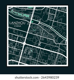 High-quality minimalist vector map of Lanzhou, China, created manually without the use of AI. Designed in EPS format, Created manually—no AI used. Fully editable EPS format.