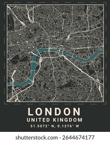 Um mapa vetorial minimalista de alta qualidade de Londres projetado em um tema escuro. Este layout urbano limpo apresenta ruas, blocos e detalhes da grade da cidade 100% vetor, escalável e editável. Nenhuma IA usada.