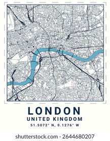 A high-quality minimalist vector map of London designed in a dark theme. This clean urban layout features streets, blocks, and city grid details in a modern, professional style,No AI used.