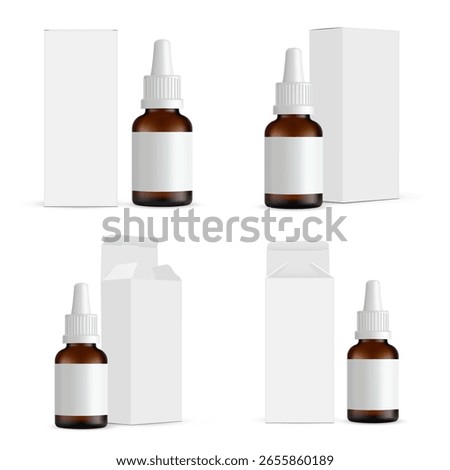 High-quality mockup set of small amber dropper bottles with white caps and blank labels with cardboard packaging boxes. The set displays multiple angles, including closed and opened boxes