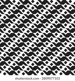 High-quality monochrome seamless geometric pattern featuring a dynamic diagonal layout of interlocking zigzag ribbon waves and hollow diamond motifs. This striking black and white contemporary abstract design utilizes strong contrast and sharp architectural lines to create a complex, energetic optical illusion with perfect symmetry. Perfectly optimized for versatile commercial media, it is ideal for modern alternative fashion apparel, creative textile prints, minimalist wrapping paper, interior wallpaper, product packaging, and branding backdrops.