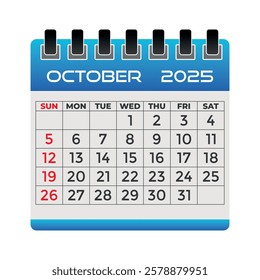 High-quality October 2025 calendar vector design with bold typography, weekdays, and dates. Perfect for planners, schedules, organizers, and digital use. Printable template.