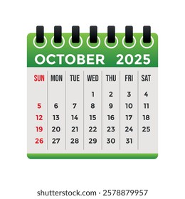 High-quality October 2025 calendar vector design with bold typography, weekdays, and dates. Perfect for planners, schedules, organizers, and digital use. Printable template.