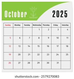 High-quality October 2025 calendar vector design with bold typography, weekdays, and dates. Perfect for planners, schedules, organizers, and digital use. Editable and printable template.