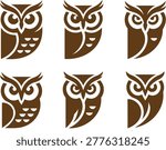 High-quality Owl Icons Bundle featuring 6 unique and detailed owl silhouettes in elegant brown color. This collection includes various stylized owl designs with different wing and face details. Perfect for wise, mysterious, and nature-themed projects.
