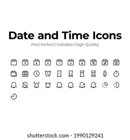 Píxeles perfectos de alta calidad y conjunto de iconos editables para la interfaz de usuario. Conjunto de iconos de fecha y hora vectoriales aislados en fondo blanco.