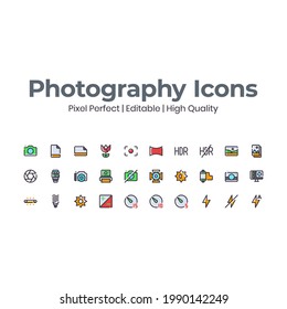 Píxeles perfectos de alta calidad y conjunto de iconos editables para la interfaz de usuario. Conjunto de iconos de fotografía vectorial aislados en fondo blanco.
