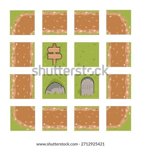 High-quality pixel art set of retro game terrain tiles, including dirt paths, grass, rocks, signpost, and tombstone, perfect for 2D platformers and adventure games