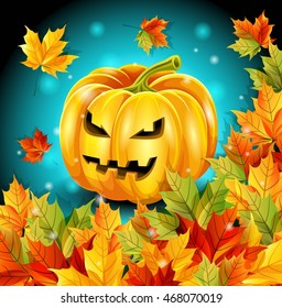 High-quality poster for the holiday, Halloween, autumn leaves, pumpkin character. Vector illustration