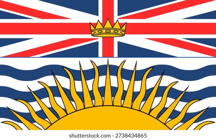 High-quality professional vector illustration of the British Columbia provincial flag from Canada. This graphic design features the Union Jack in the top half with a golden crown in the center, representing historical ties. The bottom half showcases a setting sun over blue and white wavy lines, symbolizing the province's location between the Pacific Ocean and the Rocky Mountains. The illustration is rendered with clean, precise lines and accurate colors, following modern 2026 digital standards for professional stock media. This versatile vector asset is perfectly suited for a wide range of creative and educational projects, including geography textbooks, Canadian history presentations, travel guides, and cultural heritage documentation. The vector format ensures infinite scalability without any loss of quality, making it ideal for everything from small digital icons and mobile app interfaces to large-scale print applications like posters, educational banners, and stickers. As a key representative of Canadian regional identity, this flag provides an essential resource for graphic designers, historians, and content creators focusing on North American culture and provincial symbols. The minimalist yet detailed aesthetic ensures it stands out in both web and print media, providing a professional-grade element for various design needs