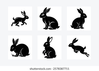  High-quality rabbit silhouette vector set featuring black bunny poses for print and digital designs.