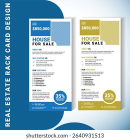 High-quality real estate rack card for home promotion and listings. Features clean layout, price section, feature list, discount badge, and contact area. Ideal for real estate agents or agencies.