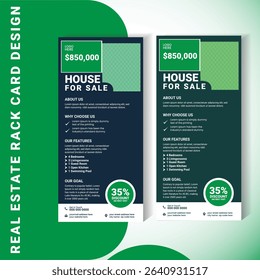High-quality real estate rack card for home promotion and listings. Features clean layout, price section, feature list, discount badge, and contact area. Ideal for real estate agents or agencies.