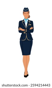 A high-quality, realistic vector illustration of a beautiful female flight attendant standing in full length against a plain white background. She is dressed in a professional airline uniform