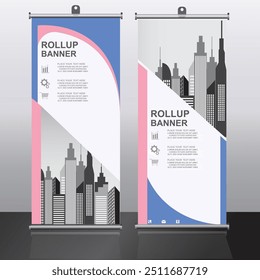 High-quality roll-up banner with modern cityscape, ideal for corporate events, trade shows, exhibitions, and marketing campaigns, making a strong visual impact.