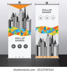 Banner roll-up de alta qualidade com paisagem urbana moderna, ideal para eventos corporativos, feiras, exposições e campanhas de marketing, causando um forte impacto visual.
