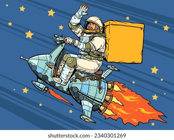 High-quality and safe delivery to all points of the world. The astronaut flies on a spaceship and carries a delivery. Pop Art Retro Vector Illustration Kitsch Vintage 50s 60s Style