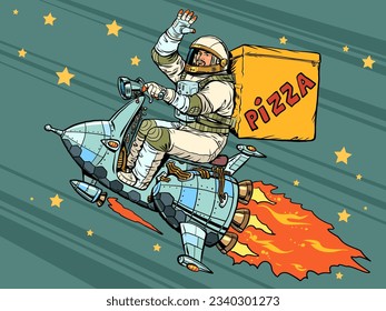 High-quality and safe delivery to all points of the world. The astronaut flies on a spaceship and delivers pizza. Pop Art Retro Vector Illustration Kitsch Vintage 50s 60s Style