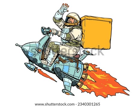 High-quality and safe delivery to all points of the world. The astronaut flies on a spaceship and carries a delivery. Pop Art Retro Vector Illustration Kitsch Vintage 50s 60s Style. On a white