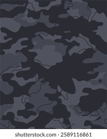 High-quality seamless dark camouflage pattern in vector format. Features black and grey military-style design with a modern grid texture. Ideal for tactical gear, fashion, backgrounds, digital art, an