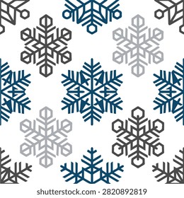 A high-quality, seamless repeating pattern featuring various stylized blue and light grey snowflakes on a clean white background, perfect for Christmas themes, winter holiday designs, and seasonal textures.