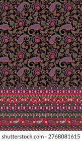 A high-quality seamless textile design featuring classic paisley motifs (buta) set against a dark, moody background. The composition includes a rich, multi-layered horizontal border with floral vines and geometric accents in deep red, emerald green, and violet. Ideal for luxury apparel and traditional tunics.