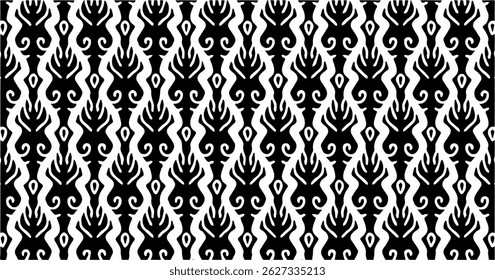 A high-quality seamless vector pattern inspired by traditional ethnic motifs, featuring symmetrical and ornamental black shapes on a white background. Perfect for textile, packaging, wallpaper, 